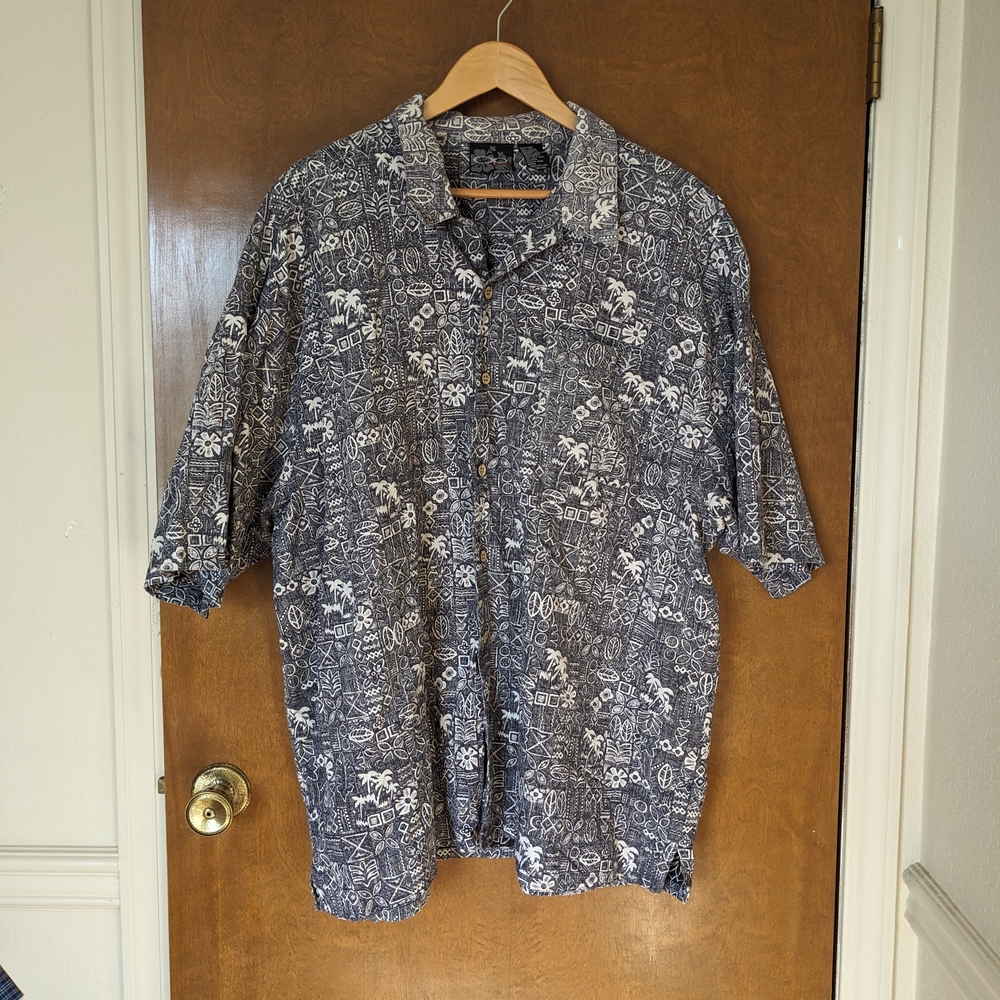 Vintage OP Sport Reverse Print Blue White Hawaiian Tropical Button Up Shirt